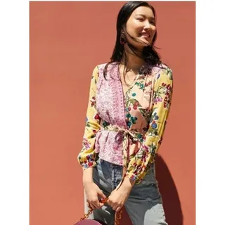 Photo of Meadow Row by Anthropologie Patchwork Print Wrap Blouse, Size 4