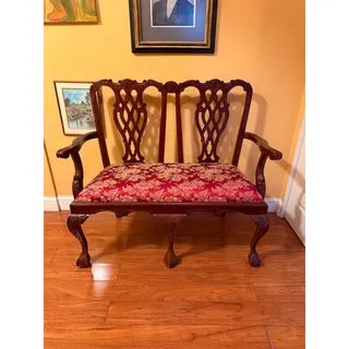Photo of Antique Carved Mahogany Wood Sette Loveseat Bench - Burgundy Cushioned Seat