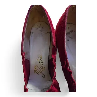 Photo of Vintage 1940s Radiants Deep Red Velvet Pumps Scalloped High Heels Pinup Shoes