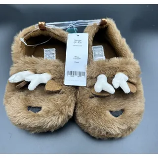 Photo of Carter's Blitzen Reindeer Plush Slippers Kids Size Large 9-10 Brown House Shoes