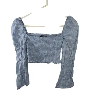 Photo of Reformation Maple Linen Blue Smocked Peasant Puff Sleeve Crop Blouse Size Large