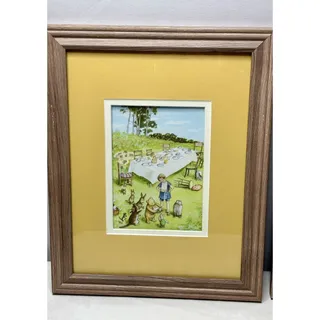 Photo of 2 Framed Vintage Prints Of Winnie The Pooh Looking Over M/tea Party Signed