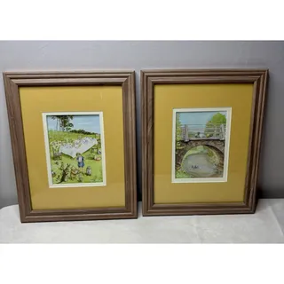 Photo of 2 Framed Vintage Prints Of Winnie The Pooh Looking Over M/tea Party Signed