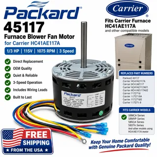 Photo of Packard 45117 Furnace Blower Motor 1/3 HP 115V 1075 RPM Carrier HC41AE117A