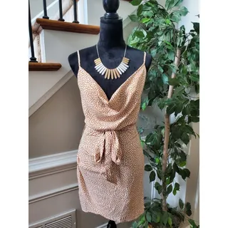 Photo of Womens Beige & Brown Polyester V-Neck Sleeveless Casual Knee Length Dress Size M