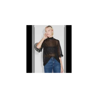 Photo of Monki black, sheer, glitter polka dot, ruffle collar blouse, partial zip back sz S