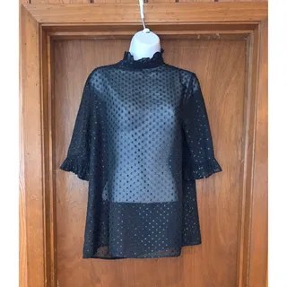 Photo of Monki black, sheer, glitter polka dot, ruffle collar blouse, partial zip back sz S