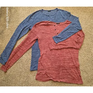 Photo of Coofandy, set of 2 red and blue, long sleeve henley shirts, partial button sz M