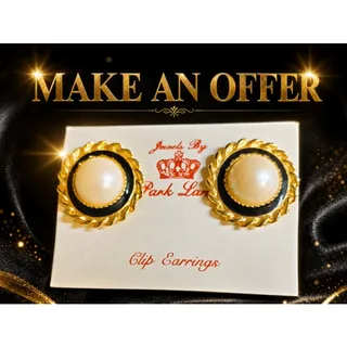 Photo of VTG "Ebony & Ivory" Faux Pearl Black Enamel Gold Tone Clip on Earrings NOS 80's 