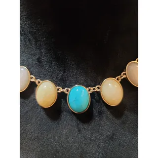 Photo of Women's Oval Gemstone Gold Necklace With Blue White Beige Stones Lobster Clasp