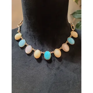 Photo of Women's Oval Gemstone Gold Necklace With Blue White Beige Stones Lobster Clasp