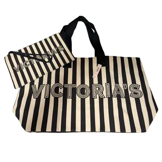Photo of NWT Victoria’s Secret Canvas Stripe Black Cream Tote Bag & Wristlet Set