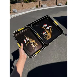 Photo of Japanese lacquerware nesting serving trays gold white black floral design VTG