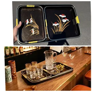 Photo of Japanese lacquerware nesting serving trays gold white black floral design VTG