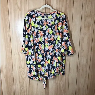 Photo of Jones New York Navy Blue Orange Floral Blouse 2X Retro Boho Tie Front