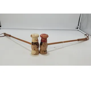 Photo of VTG Salty & Peppy MCM Salt & Pepper Shakers 4" Chef Hat Wood W/ 14" Handles