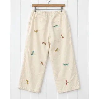 Photo of Paraphrase Linen Pants Womens 12 Ivory Embroidered Dragonfly Wide Leg Crop