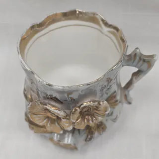 Photo of Antique Style Porcelain Demitasse Cup Saucer Applied Floral Gold Gilt Raised Flo