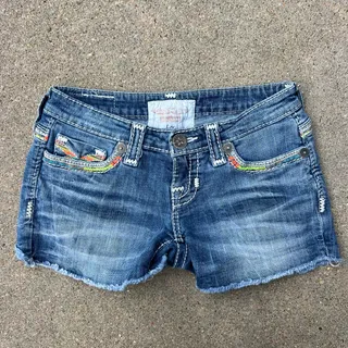 Photo of Y2K Liv Colorful Boho Embroidered Cut Off Micro Mini Blue Jean Shorts Size 25