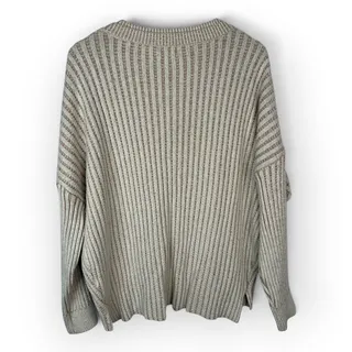 Photo of BKE Womens Large Oversized V Neck Ribbed Sweater Beige Tan Striped Slouchy