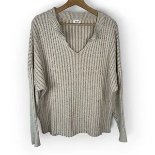 Photo of BKE Womens Large Oversized V Neck Ribbed Sweater Beige Tan Striped Slouchy