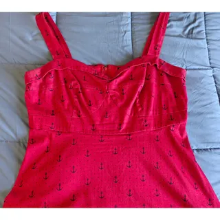 Photo of Red Rockabilly Anchor Print Torrid Dress Plus Size 14, Cotton. Polka Dots Retro Sailor Glam Circle Skirt.