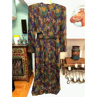 Photo of VINTAGE EIGHTIES 80's LESLIE LUCK PURPLE PAISLEY BELTED PEPLUM DRESS 
