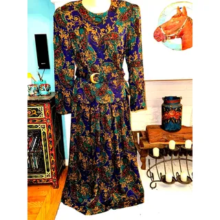 Photo of VINTAGE EIGHTIES 80's LESLIE LUCK PURPLE PAISLEY BELTED PEPLUM DRESS 
