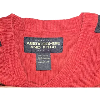 Photo of Vintage Abercrombie & Fitch Red Knit Sweater with Navy Stripe Sleeves Size L