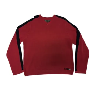 Photo of Vintage Abercrombie & Fitch Red Knit Sweater with Navy Stripe Sleeves Size L