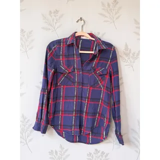 Photo of Love Tree Womens Plaid Button Down Shirt Navy Red 100% Cotton Long Sleeve