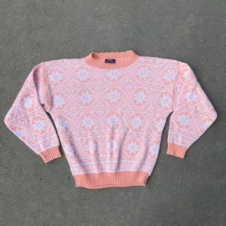 Photo of Vintage 80s Jolie Peach Cream Fair Isle Snowflake Mock Neck Sweater LARGE? READ