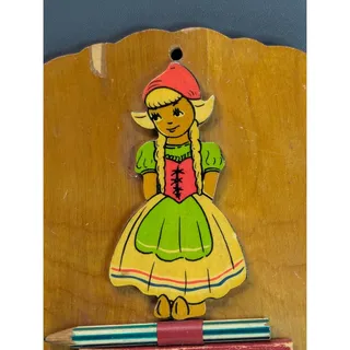 Photo of Vintage Wooden Shopping Reminder Wall Hanging Dutch Girl Original Pencil
