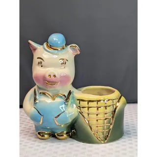 Photo of Vintage Shawnee 50s Pig Farmer and Corn Cob Planter with Gold Trim