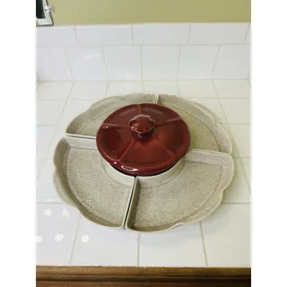 Photo of Vintage Red &Beige 6 Piece Lazy Susan Chip & Dip/ Crudité/Dim Sum Set Whittford