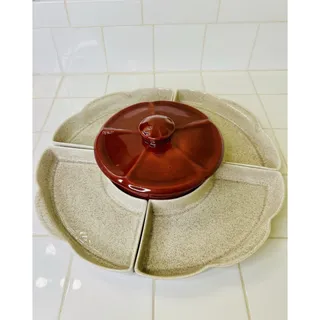 Photo of Vintage Red &Beige 6 Piece Lazy Susan Chip & Dip/ Crudité/Dim Sum Set Whittford