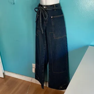 Photo of Edikted Women M Cotton Funky Stitch Wide Leg Jeans Low Rise Baggy Y2K Grunge