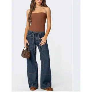 Photo of Edikted Women M Cotton Funky Stitch Wide Leg Jeans Low Rise Baggy Y2K Grunge