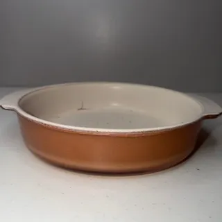 Photo of Vtg MCM Anchor Hocking Fire King Copper Tint 9" Round Casserole Baking Dish