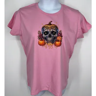 Photo of Gildan Softstyle Pink Skull Pumpkin Floral Graphic T-Shirt Women’s Large NWOT