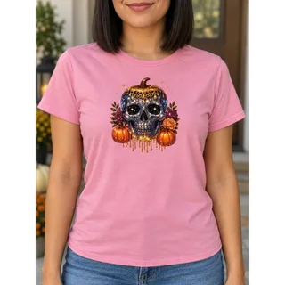 Photo of Gildan Softstyle Pink Skull Pumpkin Floral Graphic T-Shirt Women’s Large NWOT