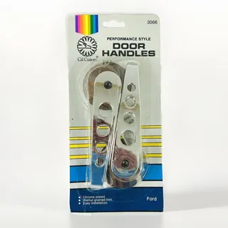 Photo of NOS Vintage CAL CUSTOM Chrome Plated Walnut Grain Door Handles for FORD
