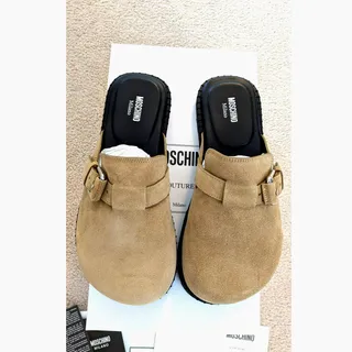 Photo of Moschino Sporty Suede Mules in Beige