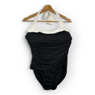 Photo of Ralph Lauren Sz 14 XXL Black White Halter One Piece Swimsuit Ruched Classic