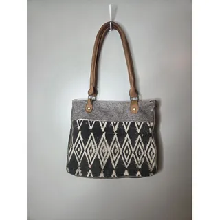 Photo of Myra Bag Diamond Pattern Upcycled Cotton Leather Hobo Handbag Purse Boho