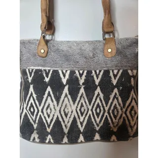Photo of Myra Bag Diamond Pattern Upcycled Cotton Leather Hobo Handbag Purse Boho
