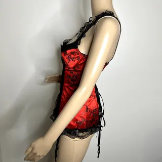 Photo of Shirley of Hollywood Red Black Lace Up Corset Bustier Lingerie