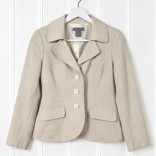 Photo of Ann Taylor Linen Blend Blazer Womens 4P Petite Beige 3 Button Lined Jacket