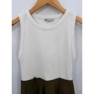Photo of Zara White Olive Green Midi Dress Ribbed Cotton Colorblock Pockets A-Line Size M