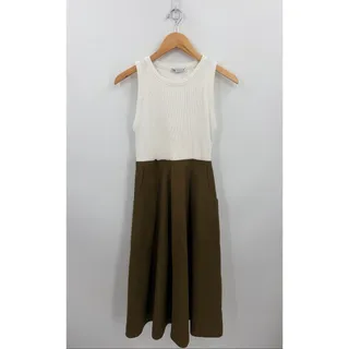 Photo of Zara White Olive Green Midi Dress Ribbed Cotton Colorblock Pockets A-Line Size M